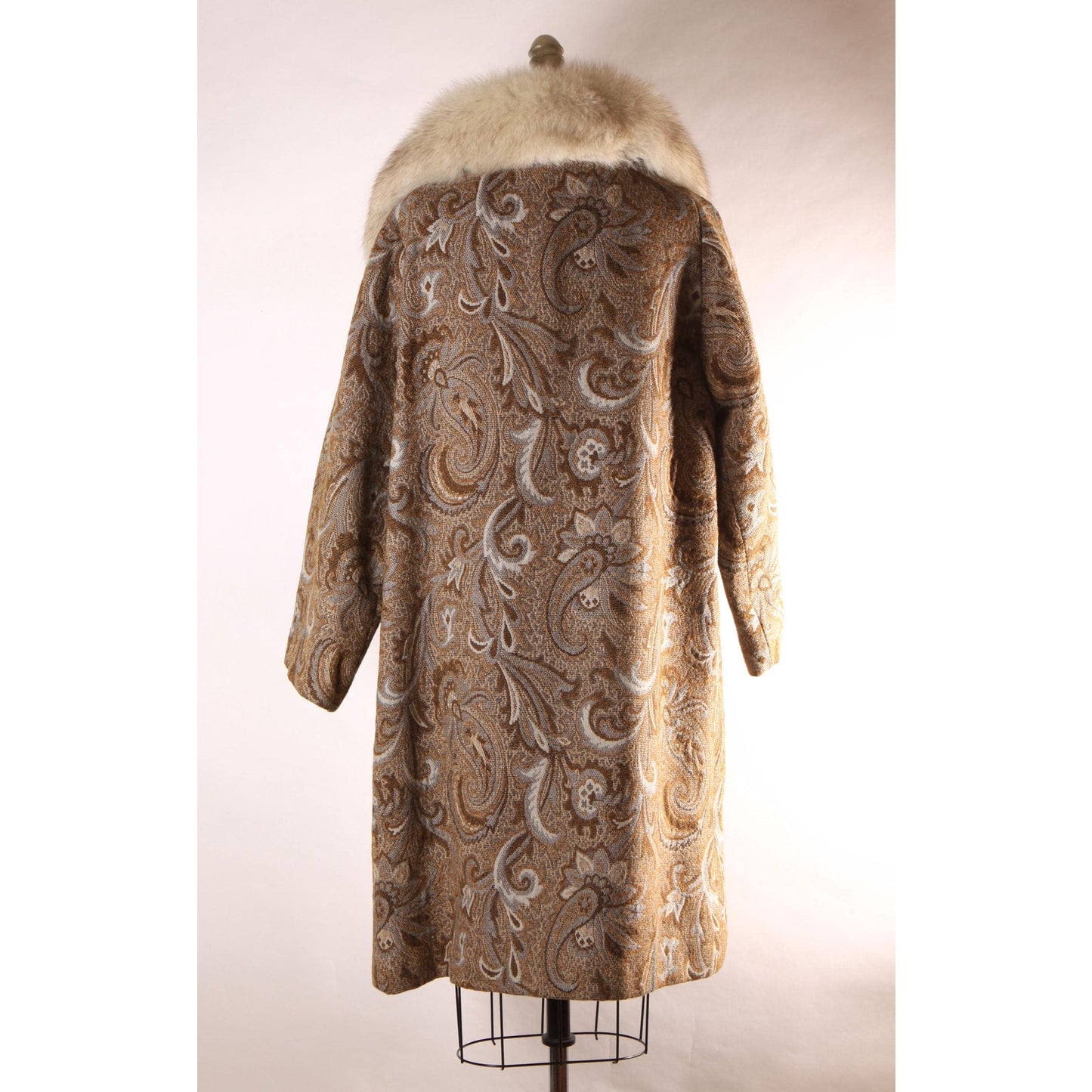 1960s Brown and Blue Gray Swirl Paisley Tapestry Fox Fur Collar Carpet Coat