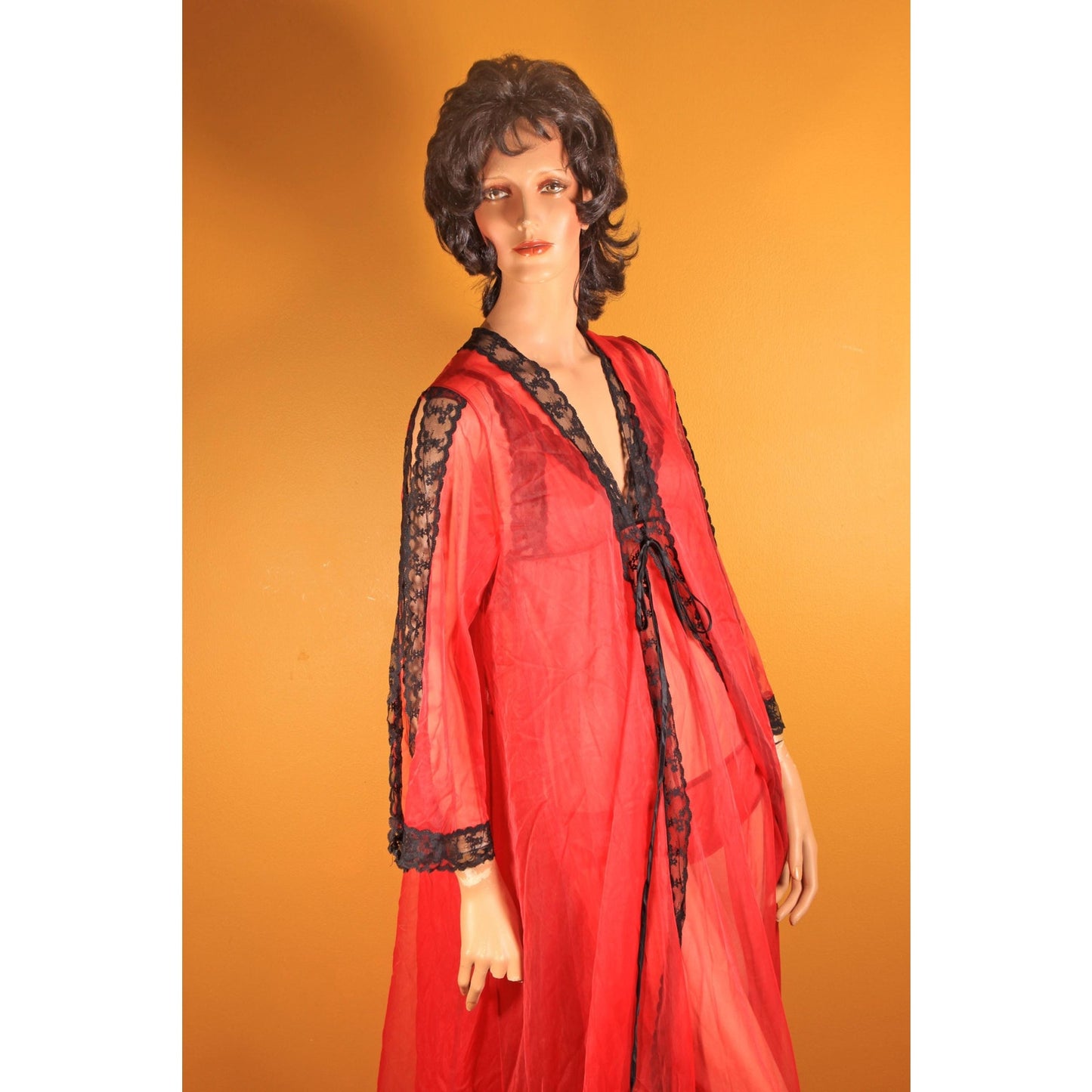 1960s Red and Black Open Side Night Gown with Matching Panties and Open Sleeve Robe Three Piece Lingerie Set