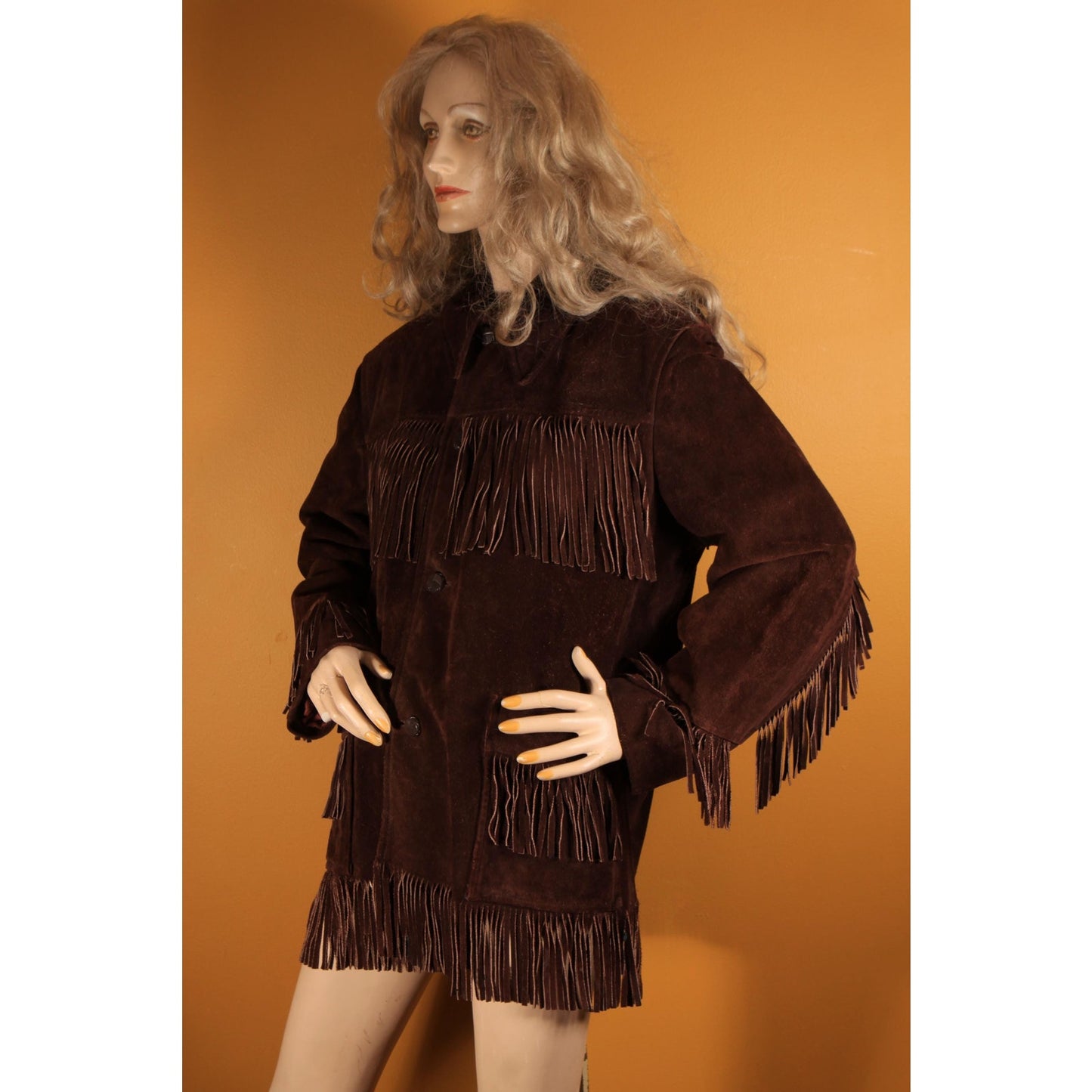 1970s Dark Brown Long Sleeve Fringe Western Suede Leather Mens Coat by Rice Sports Wear -M-L