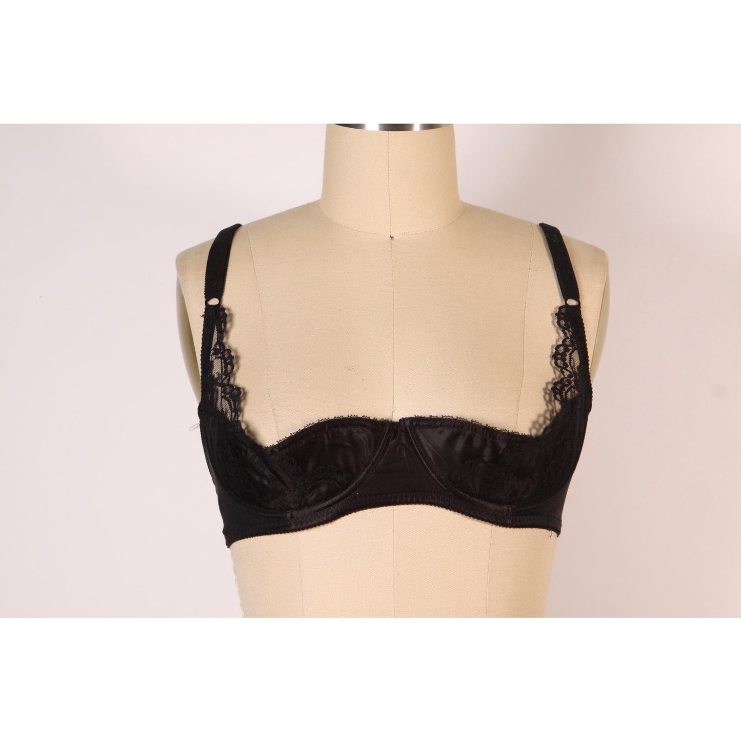 1970s Black Open Cup Lace Trim Shelf Bra by Fredericks of Hollywood-36C