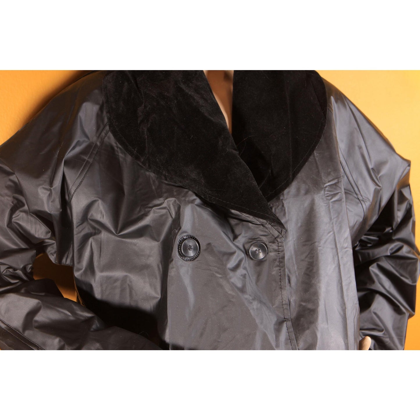 1980s Black Vinyl Velvet Trim Button Down Raincoat -XL