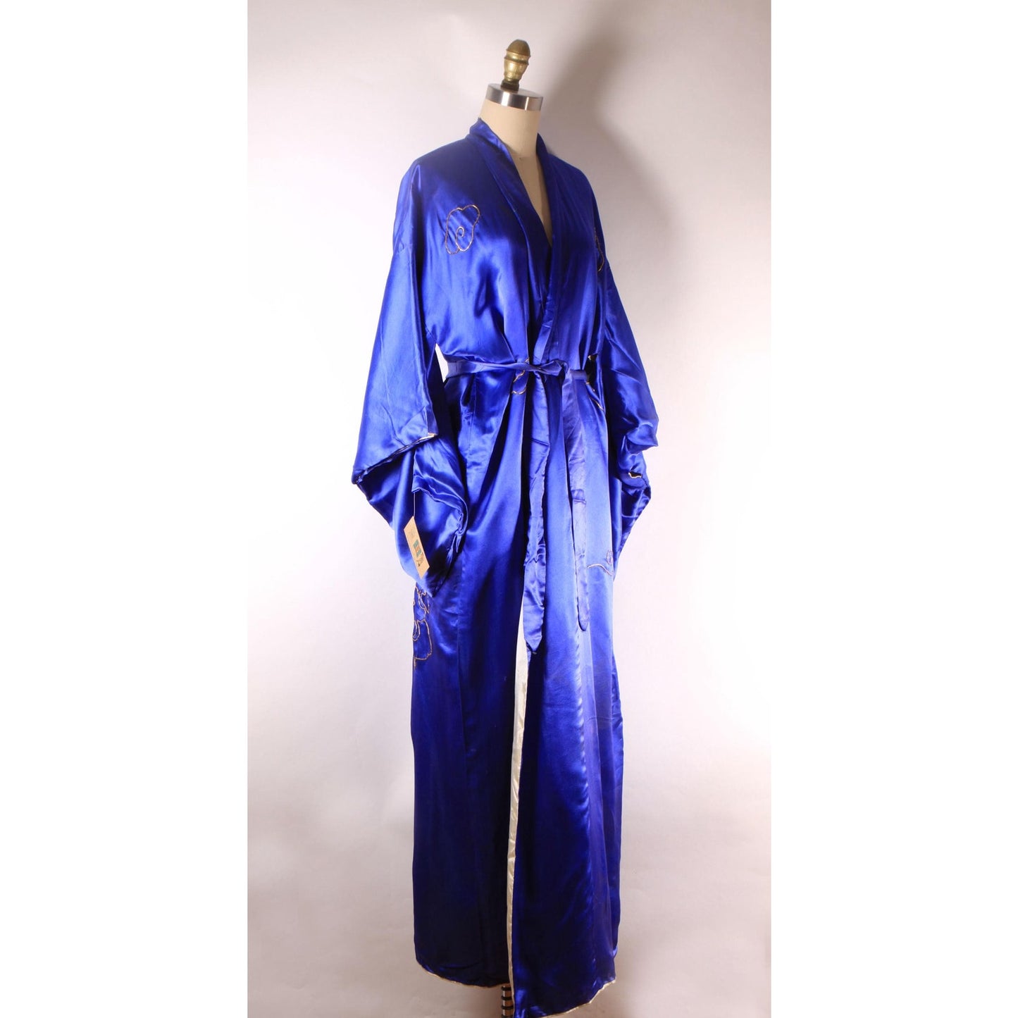 1950s Blue, Gold and Red Novelty Japanese Dragon Waist Tie Robe Kimono-L