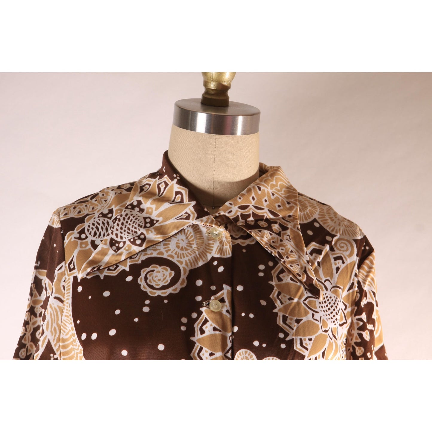 1960s Brown and Tan Psychedelic Abstract Swirl Short Sleeve Belted Dress -XL