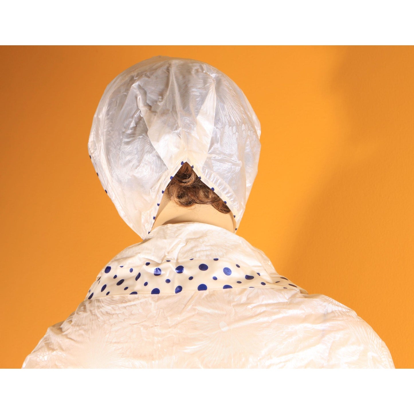 Deadstock 1960s Opaque White and Blue Polka Dot Trim Floral Textured Vinyl Raincoat Cape and Matching Rain Bonnet