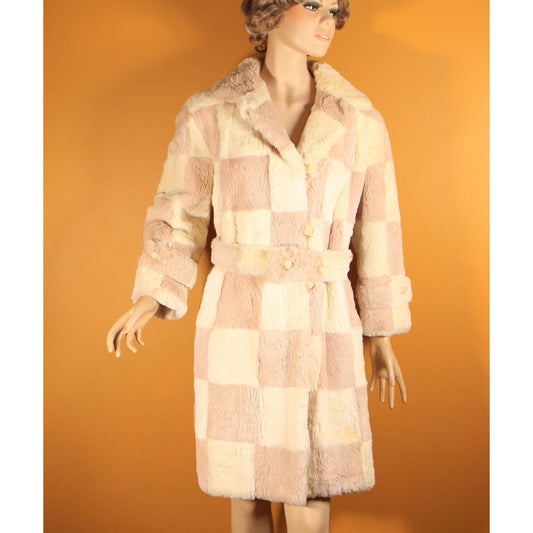 1960s Light Pink and White Sheared Dyed Chinchilla Fur Checkerboard Mod Belted Coat by Famous Barr -M-L