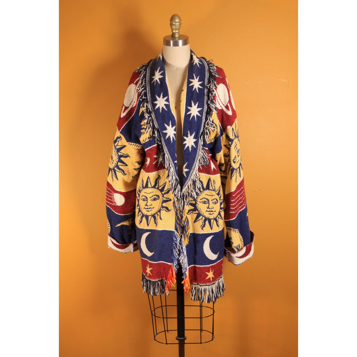 1990s Navy Blue, Yellow, Red and White Novelty Celestial Sun, Moon and Stars Fringe Tapestry Quilt Blanket Jacket Coat -M-XL