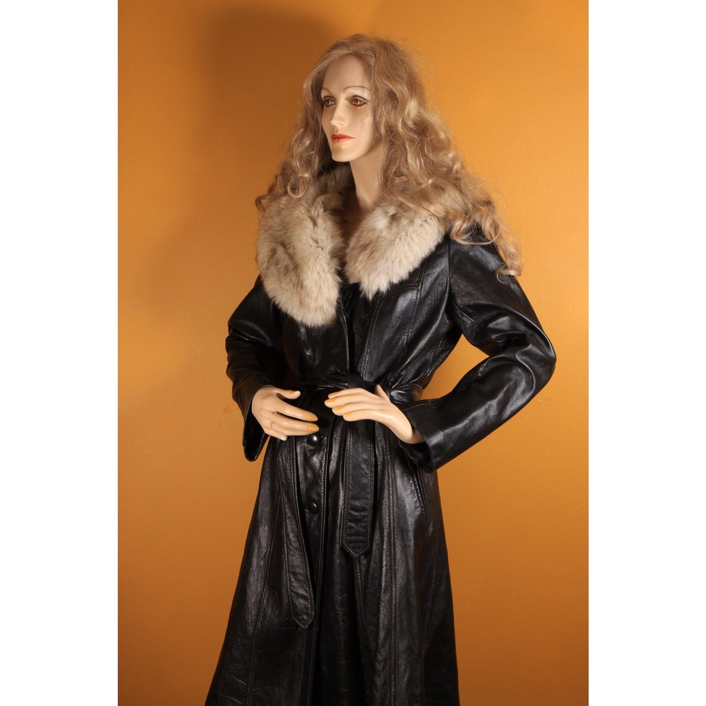 1970s Black Leather Long Sleeve Fox Fur Collar Trench Coat by Imperial -M-L
