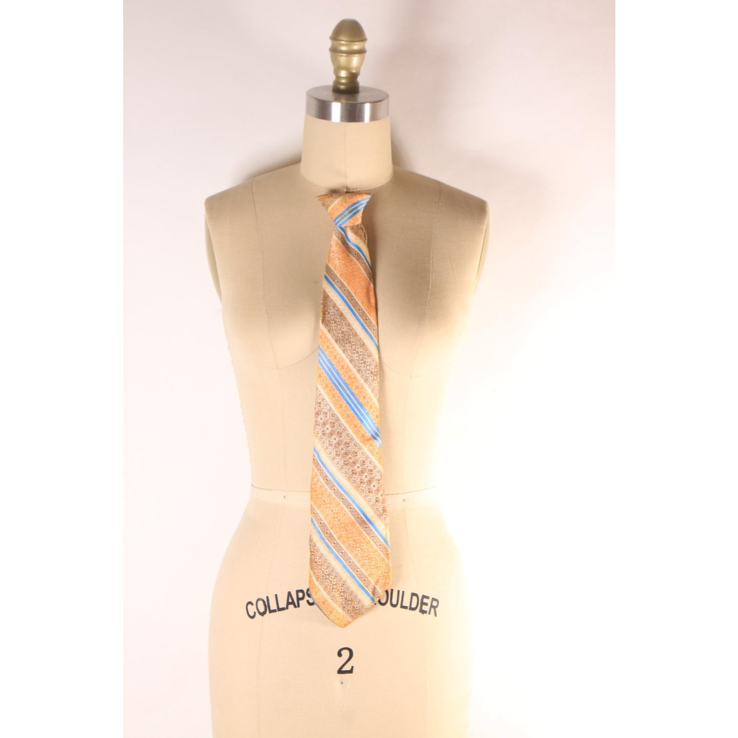 1970s Orange, Cream, Brown and Blue Striped Clip On Tie by Prince Consort