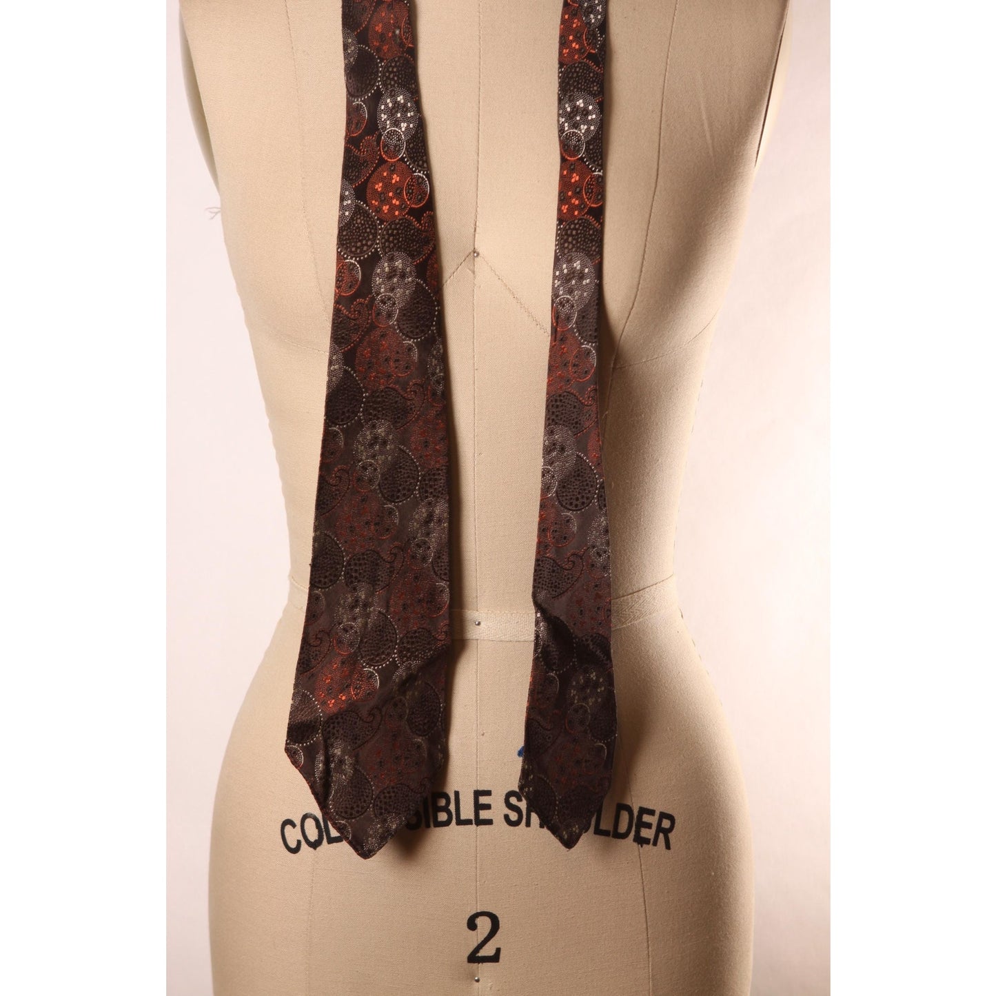 1960s Brown, Orange and White Paisley Circle Mod Print Necktie Tie by Fisher Miller Beau Brummell