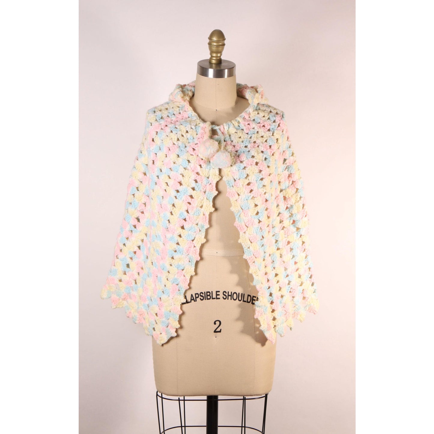 Late 1960s Early 1970s Pastel Pink, Blue and Yellow Crochet Pom Pom Hooded Hood Shawl Wrap