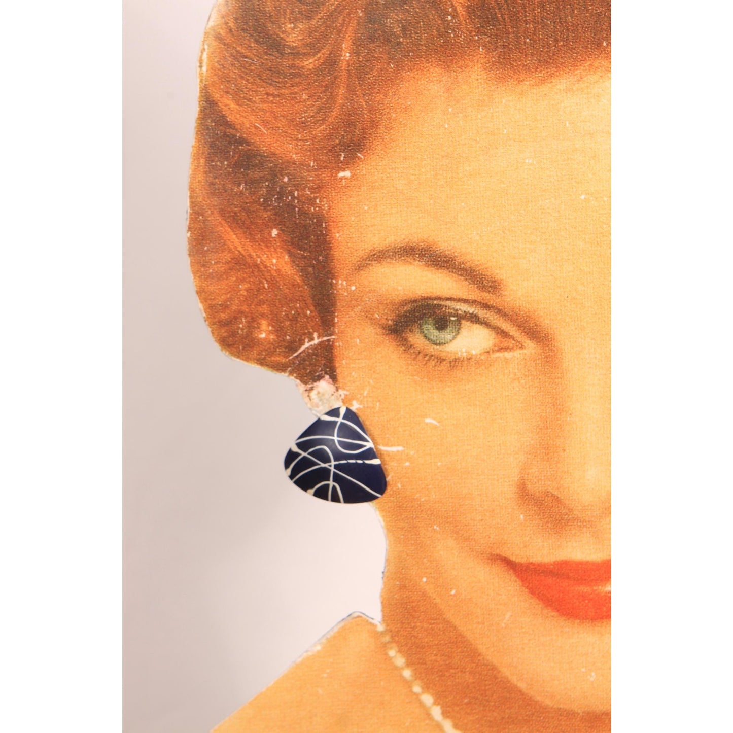 1980s Dark Blue and White Paint Splatter Triangle Geometric Stud Pierced Earrings