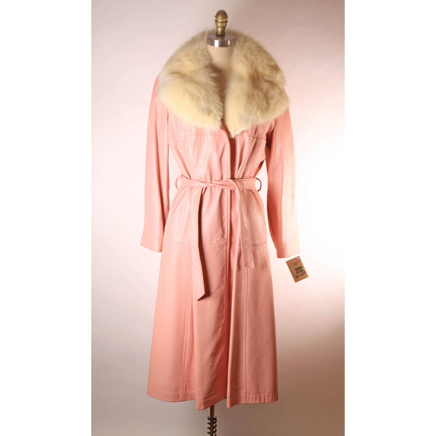 1970s Light Pink Leather Cream Fox Fur Collar Belted Trench Coat by New England Sportswear Company -L-XL