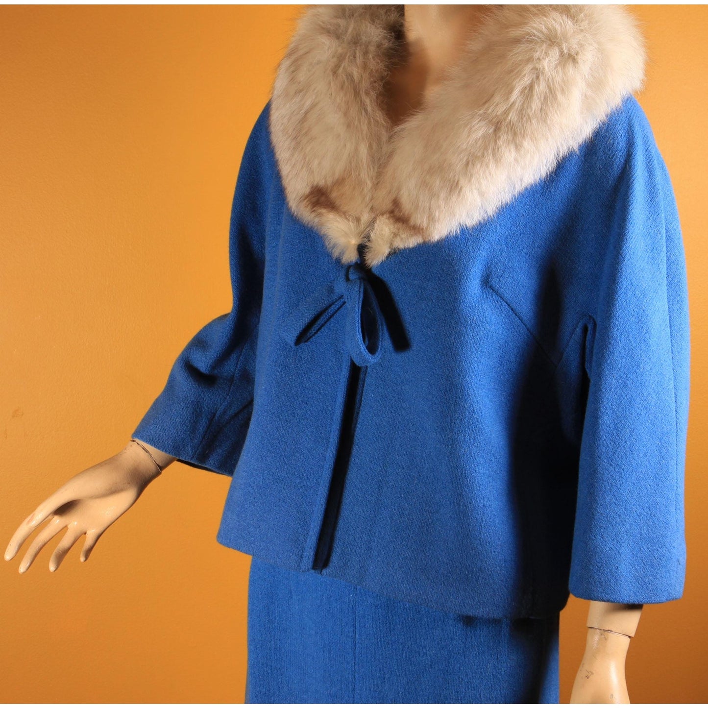 Early 1960s Blue Bracelet Sleeve Fox Fur Collar Jacket with Matching Pencil Skirt Suit Two Piece Outfit by Lilli Ann -1XL