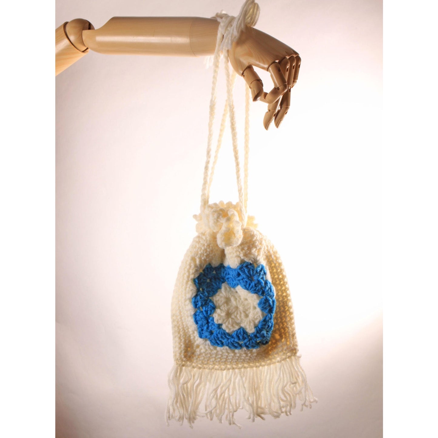 1970s White and Turquoise Blue Crochet Granny Square Drawstring Fringe Purse Bag