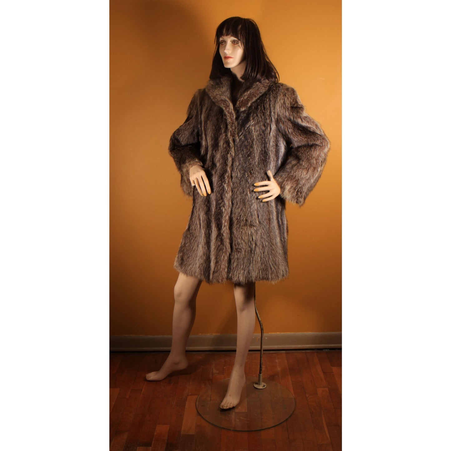 1970s Gray and Black Long Sleeve Raccoon Fur Coat -XL