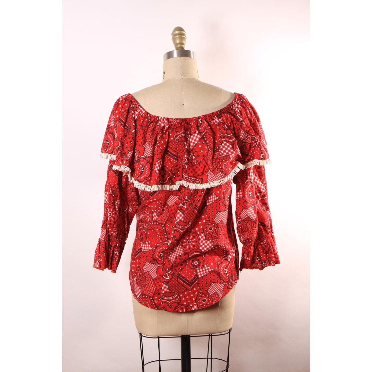 1980s Red, Black and White Novelty Bandana Print Fringe Trim Western Cowgirl Off the Shoulder Blouse Top -M