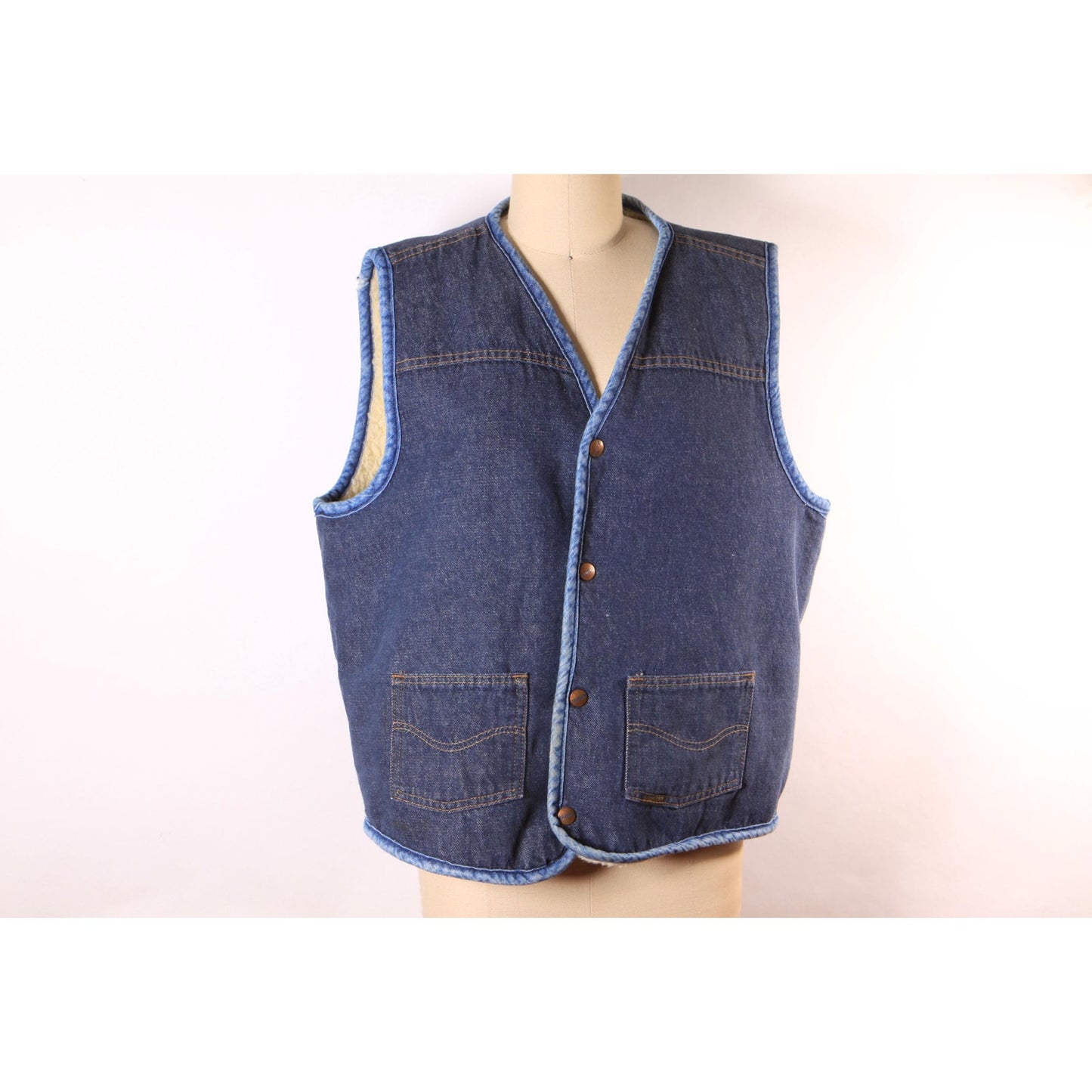 1970s Denim Metal Snap Faux Sherpa Lined Western Men’s Vest by Sears Roebucks-L