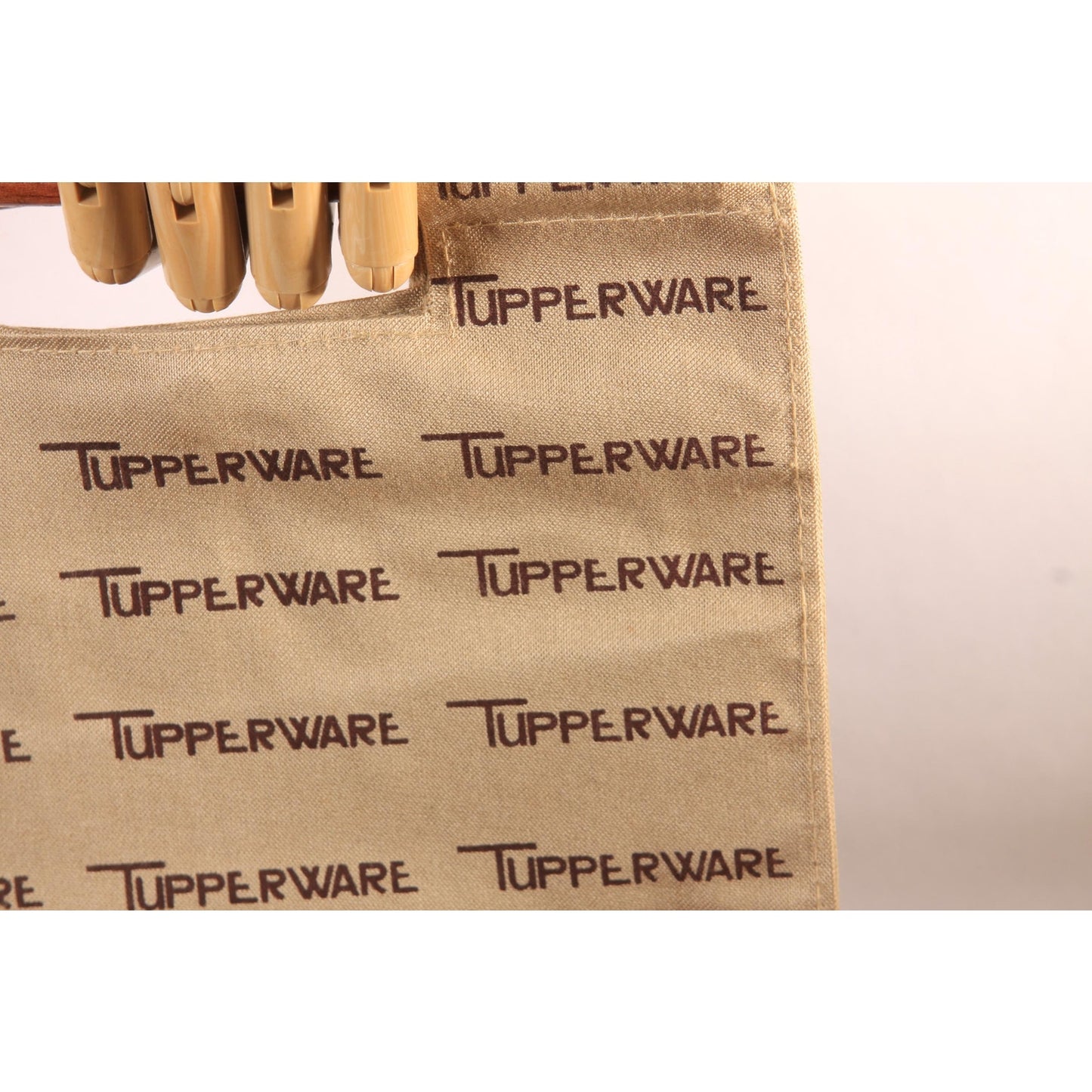 Deadstock 1970s Tan and Brown Novelty Tupperware Advertisement Wood Top Handle Purse Bag