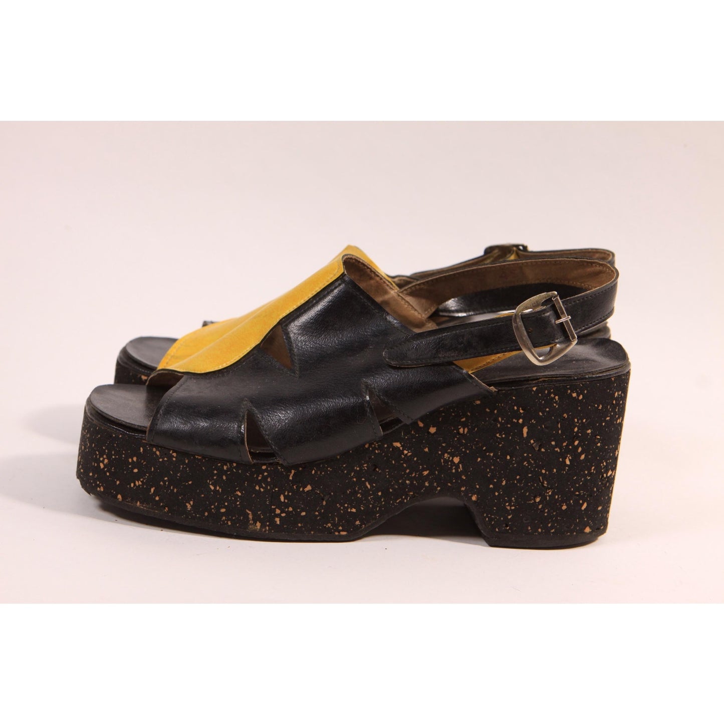 Late 1970s Early 1980s Black and Yellow Splatter Paint Platform High Heel Sandals