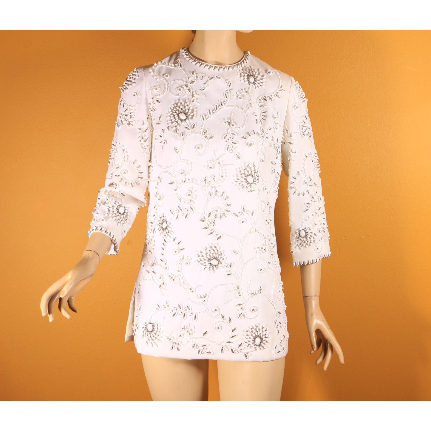 1960s White Heavily Beaded Floral Swirl 3/4 Length Sleeve Tunic Mini Dress by Cavanagh's Virgin Islands