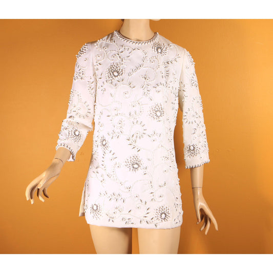 1960s White Heavily Beaded Floral Swirl 3/4 Length Sleeve Tunic Mini Dress by Cavanagh's Virgin Islands