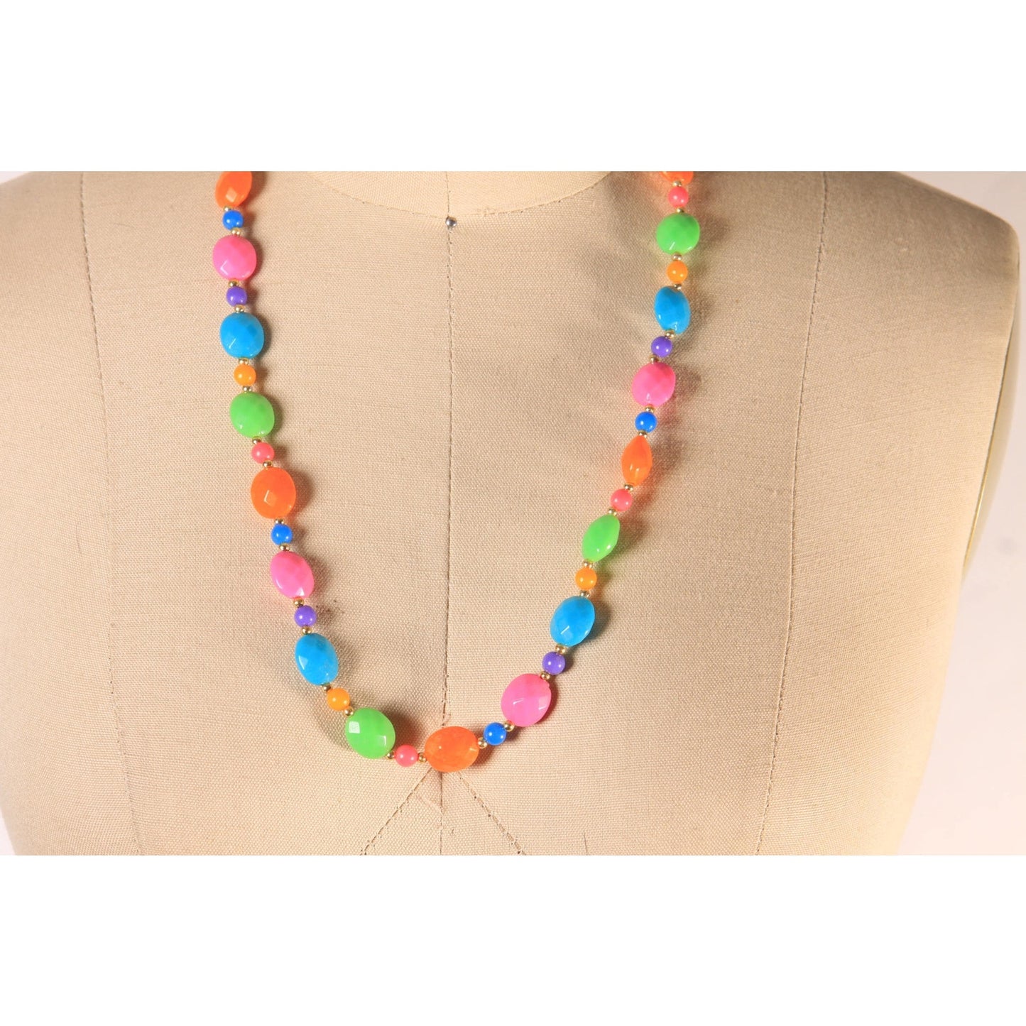 1980s Neon Multi-Colored Rainbow Plastic Beaded Necklace