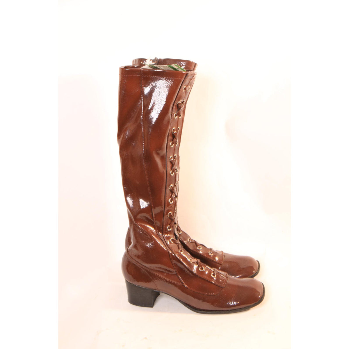 Deadstock 1960s Brown Vinyl Criss Cross Lace Up Zippered Go Go Boots -Made in Japan -Size 5 and Size 6