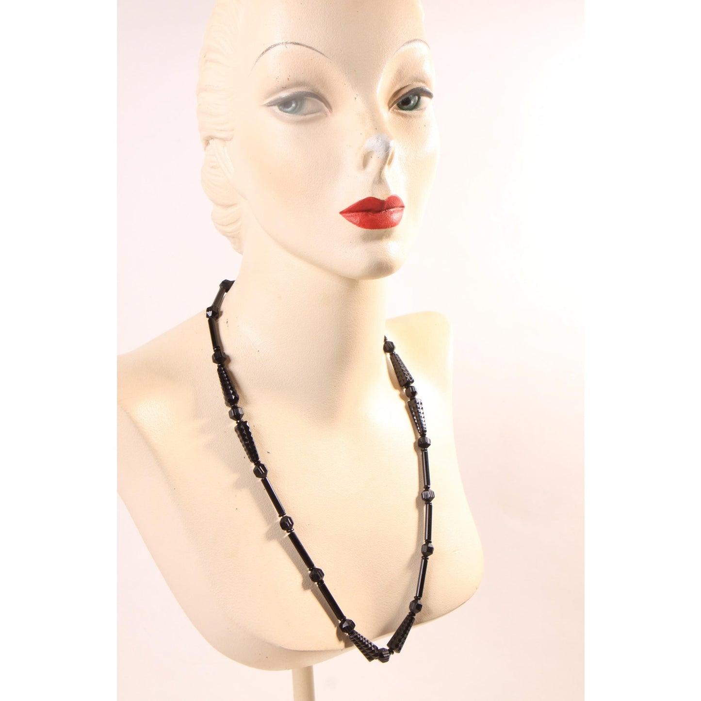 1920s 1930s Black Glass Carved Art Deco Faceted Beaded Necklaces