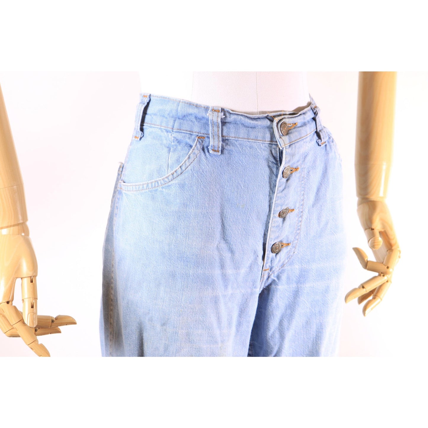 1970s Blue Light Wash Flared Button Fly Denim Orange Tab Jeans by Levi's