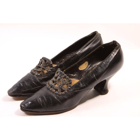 Antique 1920s Flapper Beaded Black Pointed Toe High Heel Pump Shoes