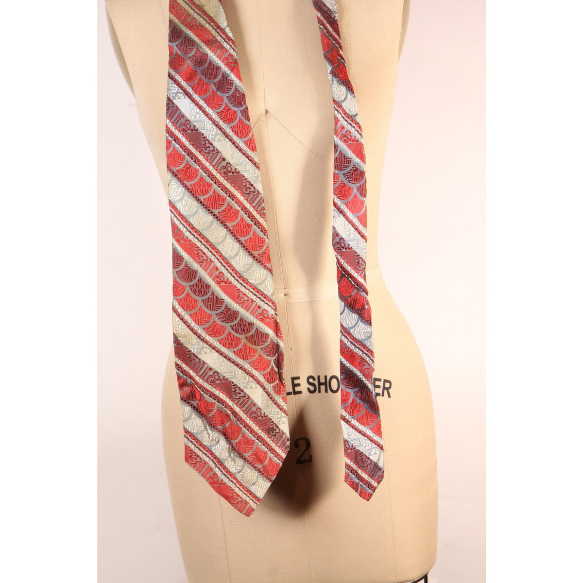1970s Red, Gray and White Silk Striped Patterned Wide Necktie Tie