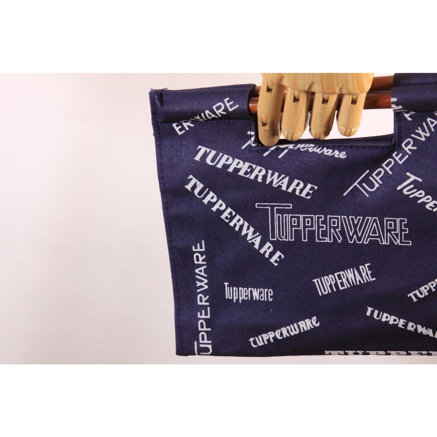 Deadstock 1970s Navy Blue and White Novelty Tupperware Advertisement Wood Top Handle Purse Bag