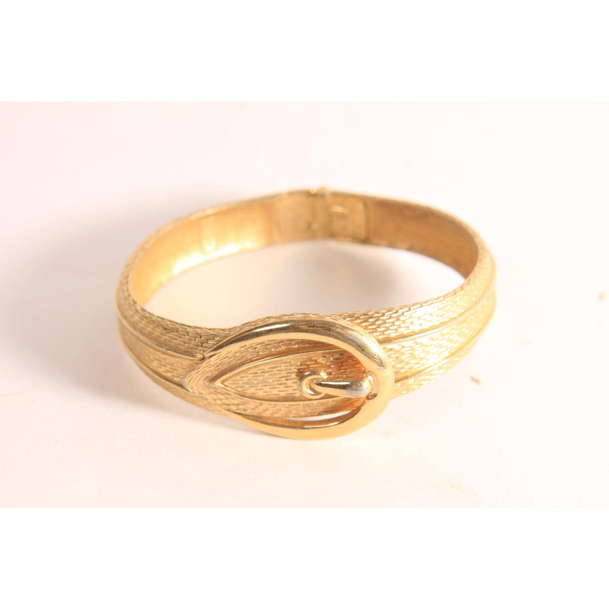 1970s 1980s Gold Tone Metal Novelty Buckle Hinged Clamper Bracelet by Avon