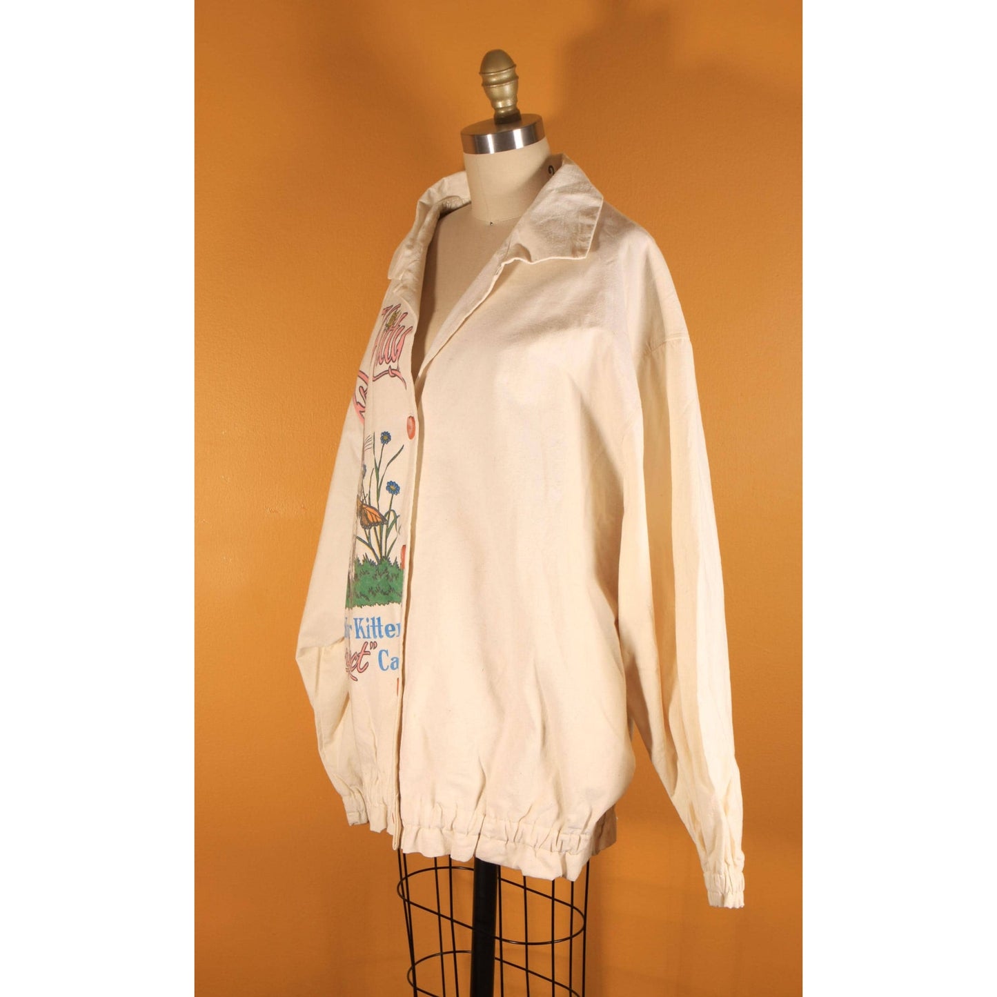 Deadstock 1980s Cream Off White Novelty Precious Kitty Heart Button Down Flour Feed Sack Jacket