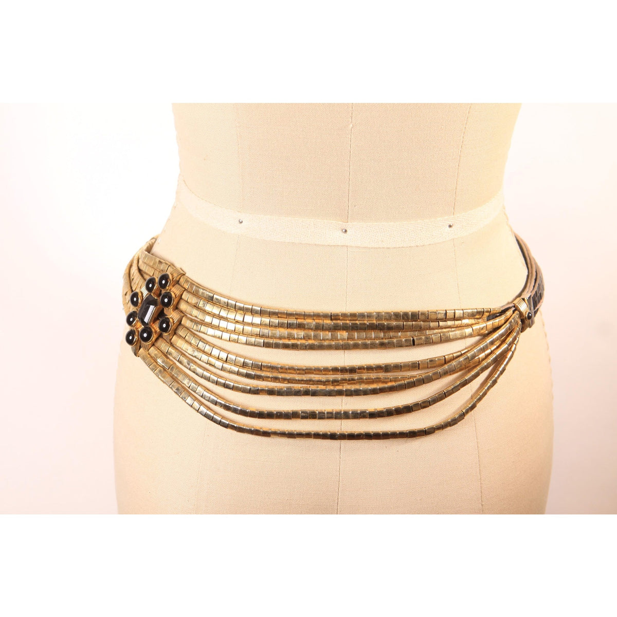 1980s Black Leather and Gold Tone Metal Draped Chain Belt Faux Gemstone Belt
