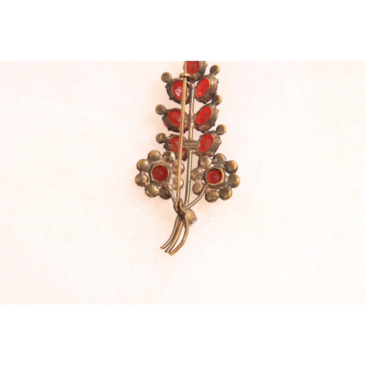 1930s Faux Garnet Red Glass Novelty Floral Leaf Bouquet Czech Slovakia Brooch