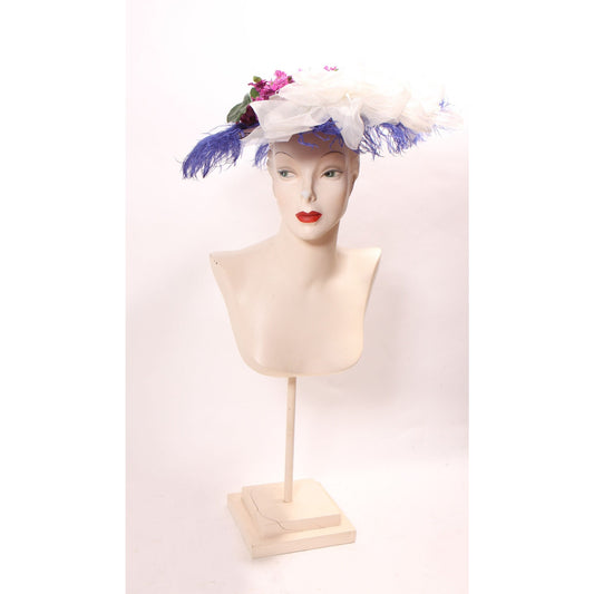 1980s Does Edwardian Victorian Style Wide Brim Purple Straw Hat with Blue Feather and Faux Flowers Floral Hat