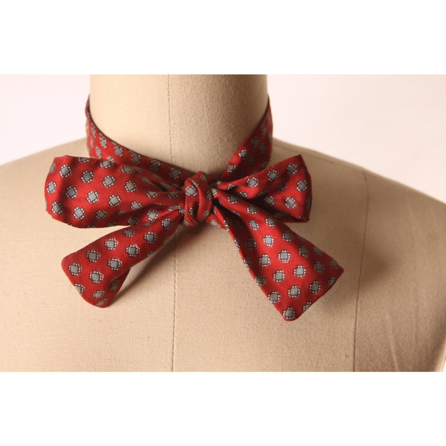 1960s Red and Blue Print Bowtie Tie