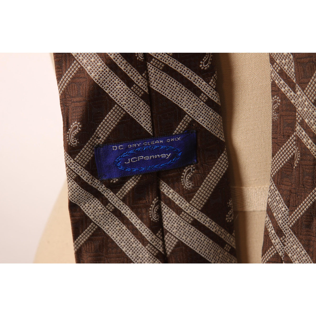 1970s Dark Brown and Tan Plaid and Paisley Wide Necktie Tie by JCPenney