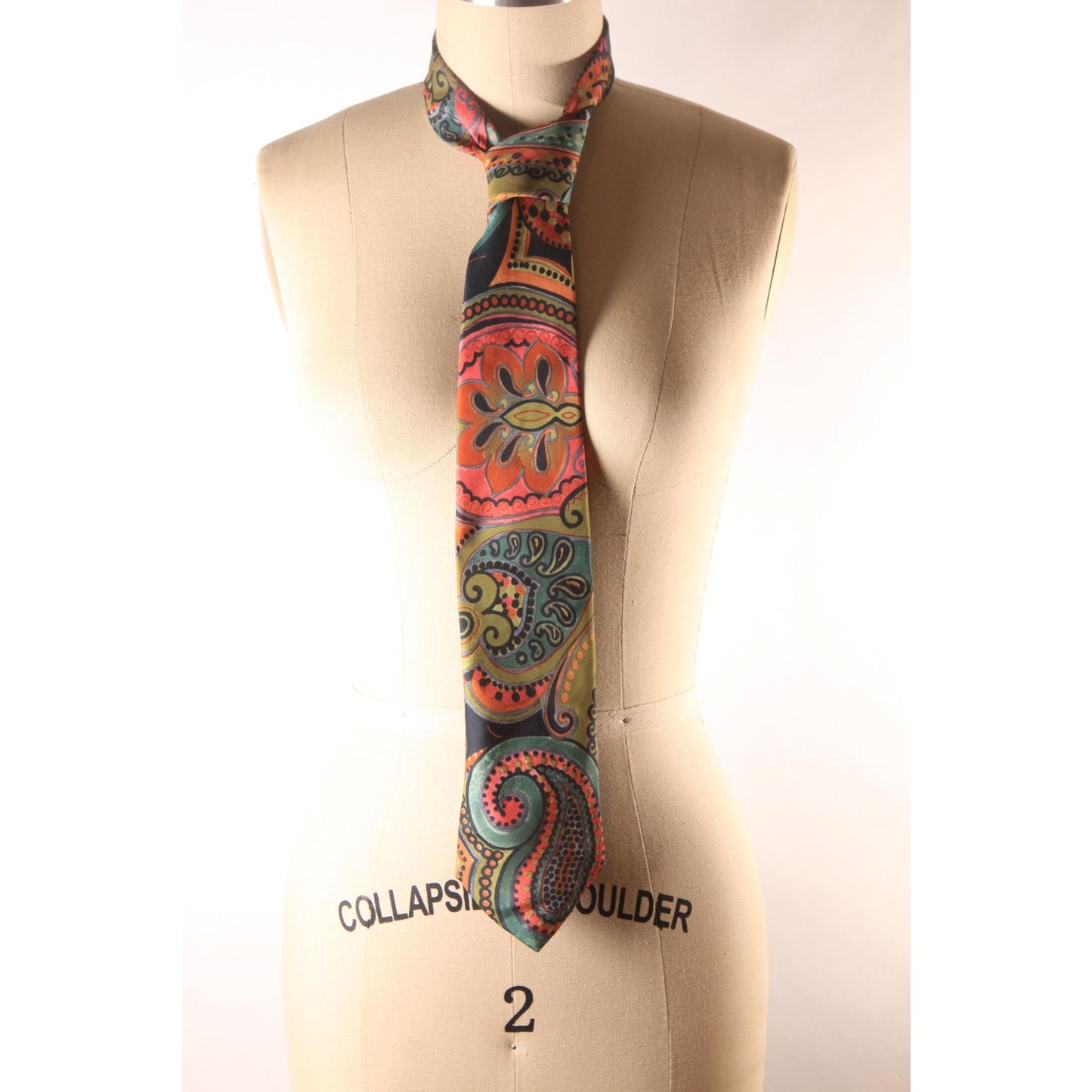 1970s Green, Blue, Pink Multi-Colored Paisley Print Necktie by Antonio Calafatano