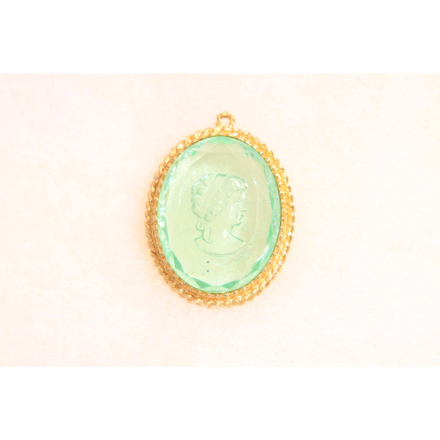 1970s Gold Tone Metal Blue Clear Glass Cameo Etched Glass Necklace Pendant