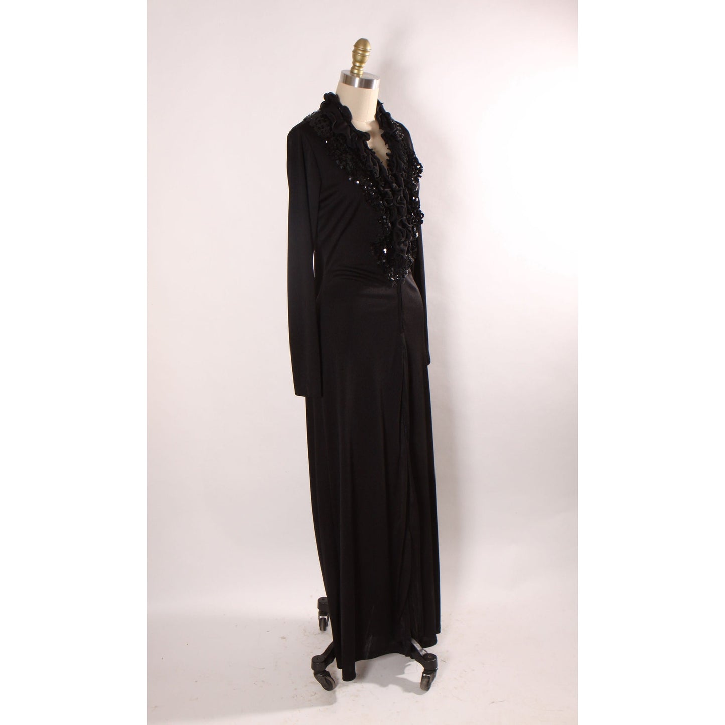 1970s Black Long Sleeve Ruffle Collar Sequin Detail Full Length Middle Slit Dress by Lynn Stevens -L