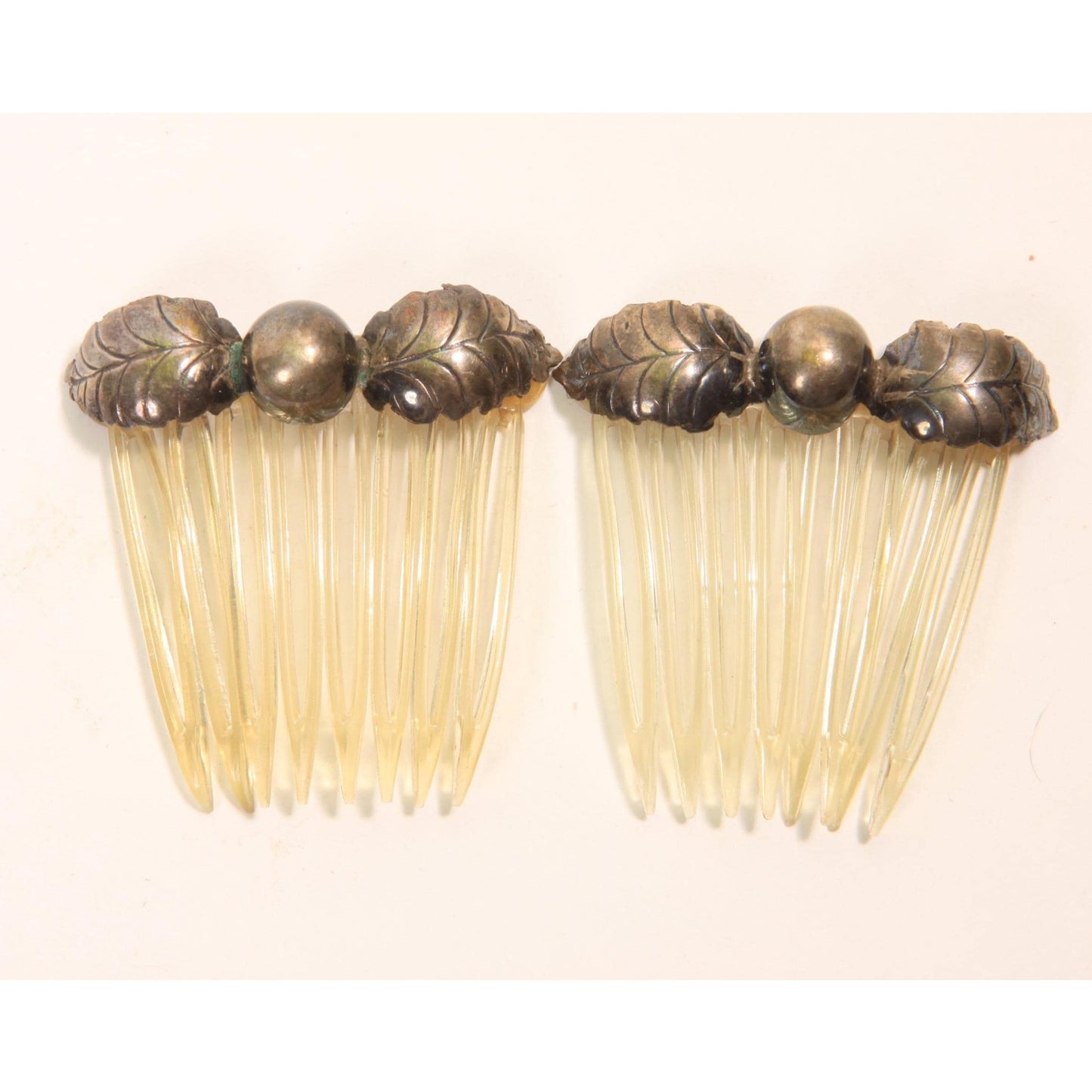 1920s 1930s Silver Leaf Metal and Plastic Set of 2 Hair Combs
