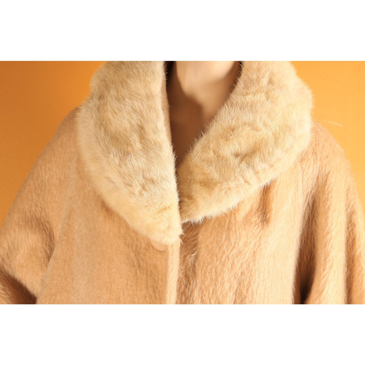 1950s Tan and Cream Bracelet Sleeve Mink Fur Collar Swing Coat by Lilli Ann -M-XL