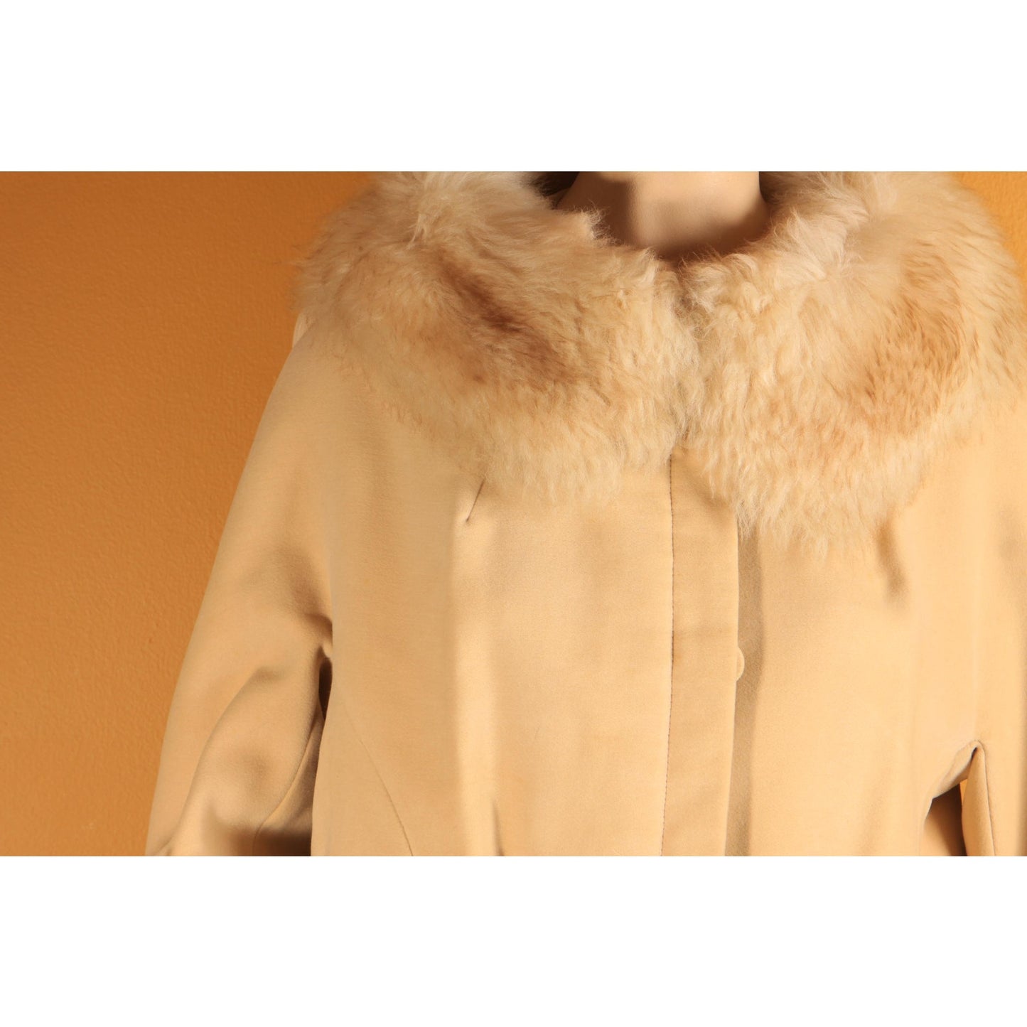 1960s Cream Tan Velvet Bracelet Sleeve Shearling Cuff and Collar Belted Coat by Country Pacer -M-L