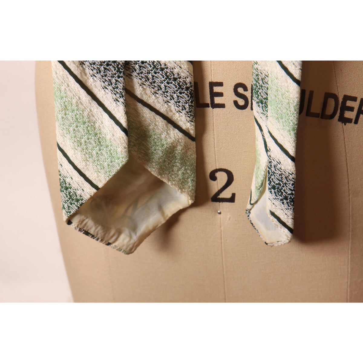 1970s Light Green and Dark Green and White Striped Wide Necktie Tie by Qiana by Regal