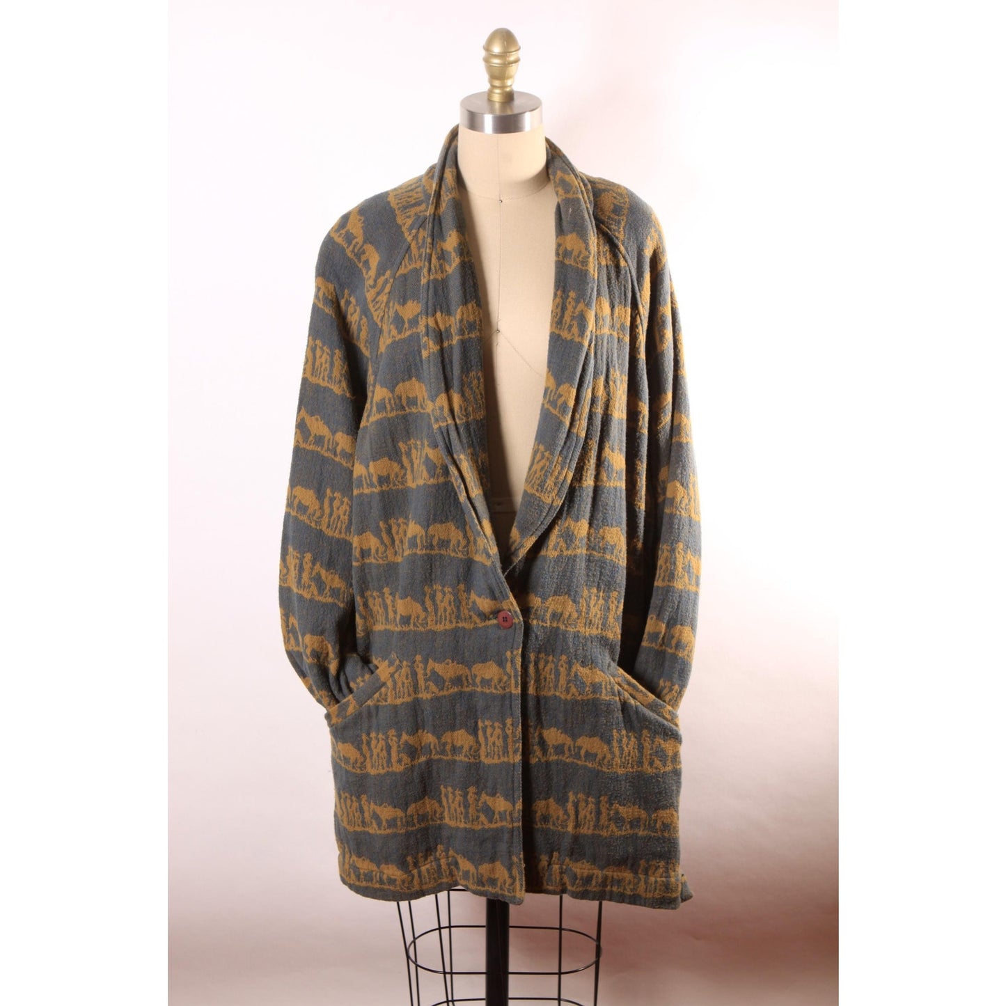 1980s 1990s Gray Green and Yellow Beige Novelty Western Wear Cowboy and Horse Button Down Jacket by New Aura -L