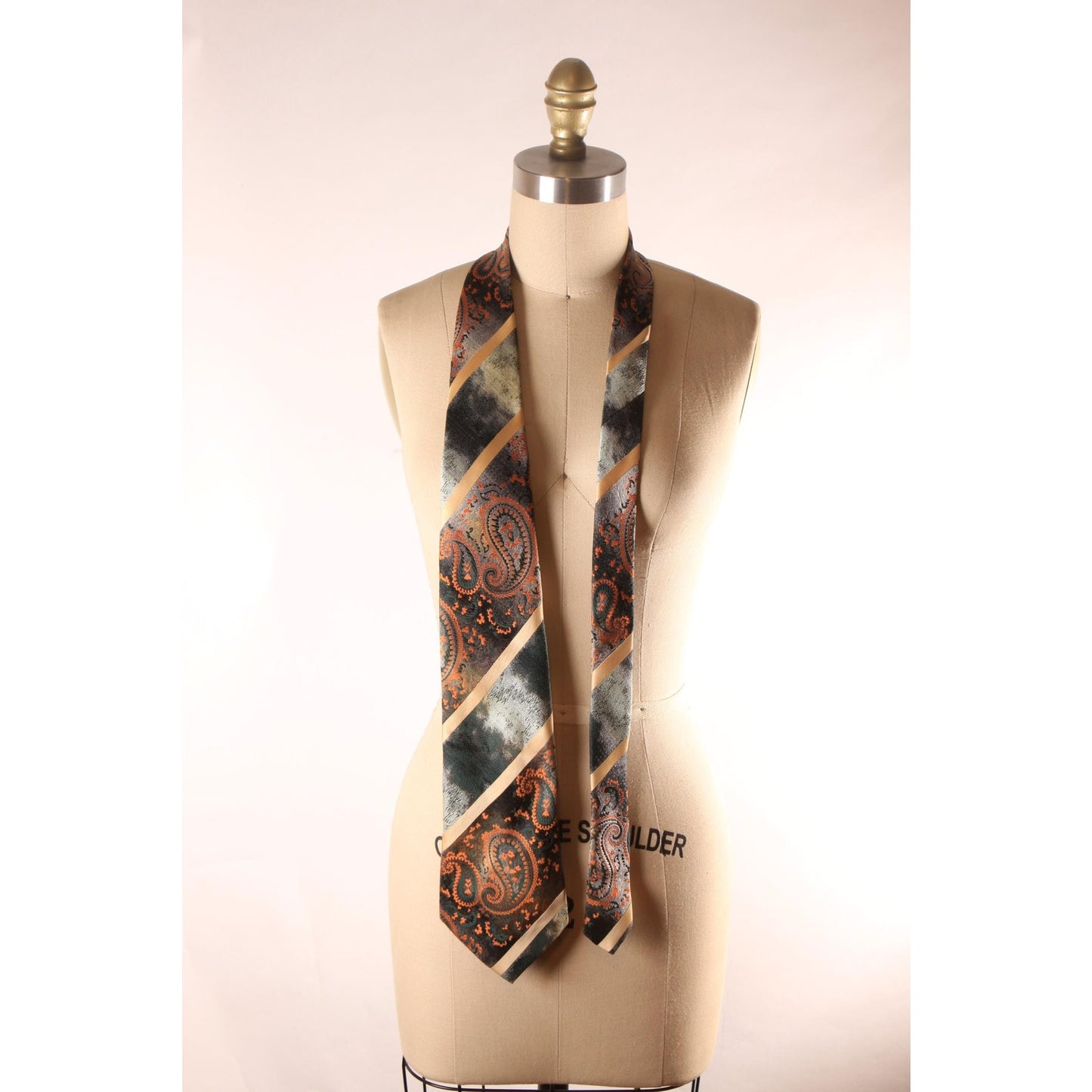 1970s Teal Blue Green, Orange and Gray Paisley Striped Necktie Tie by Damon