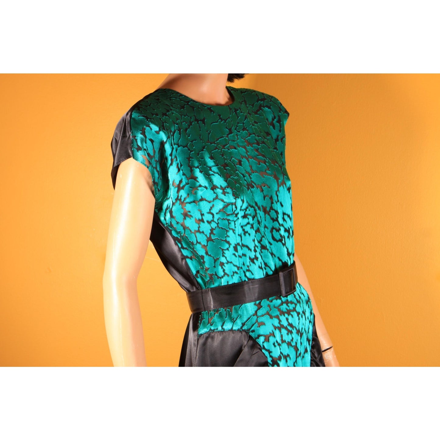 1980s Does 1940s Style Teal Blue Green and Black Sheer Cocktail Dress by Diamond's Run -L
