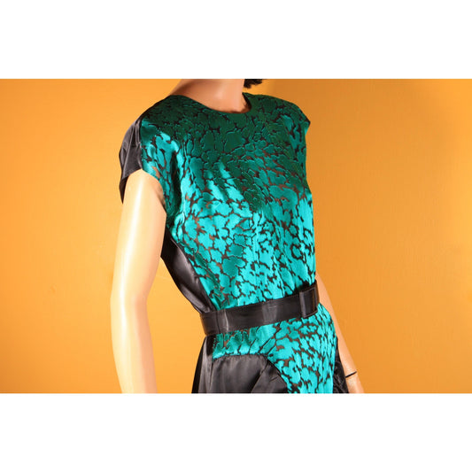 1980s Does 1940s Style Teal Blue Green and Black Sheer Cocktail Dress by Diamond's Run -L